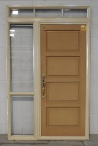almond Aluminium frame entry with wooden door w side & toplight