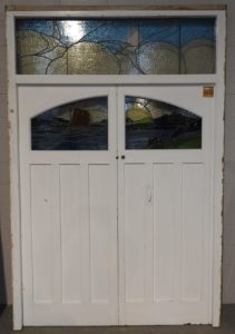extraordinary vintage Wooden double door entry with bespoke leadlight