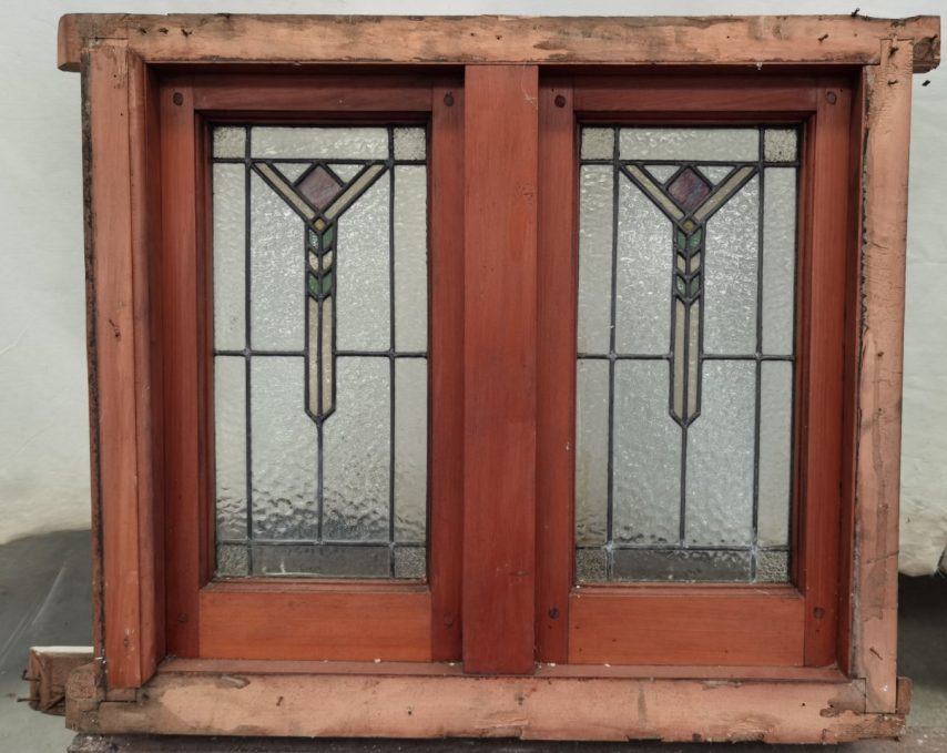 wooden fixed twin leadlight window
