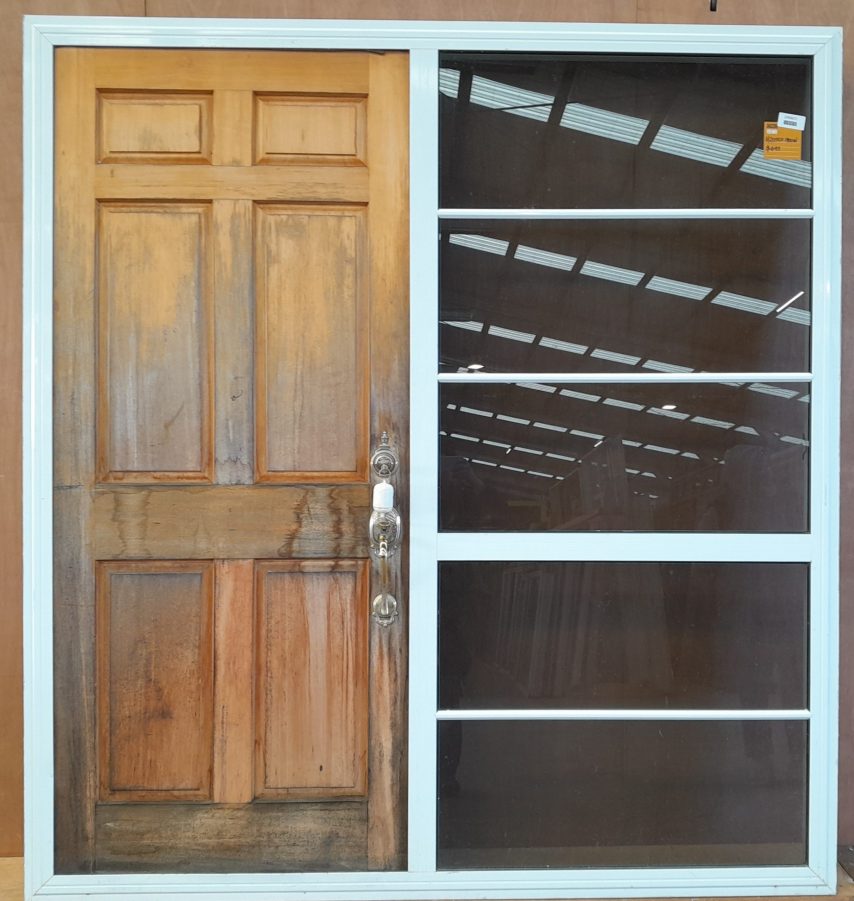white aluminium framed wooden entrance door with sidelight