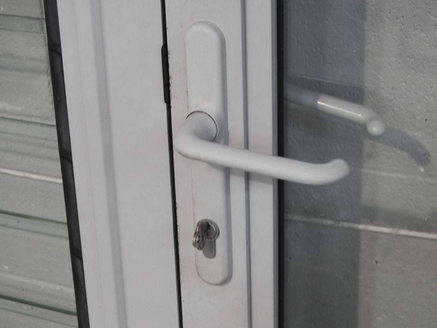 Silver Pearl Aluminium Door with Double Louvre Sidelight