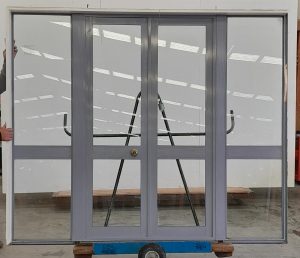 Grey aluminium French doors with sidelights