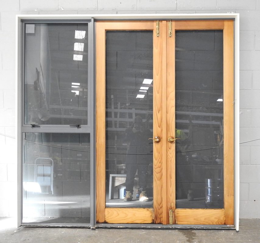 Denim Blue Aluminium Frame With Cedar French Doors