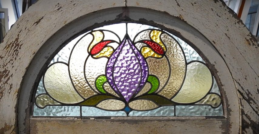 Arched Wooden Stained Glass Leadlight Window c.1900