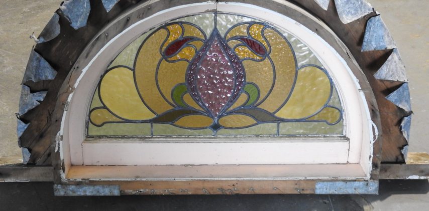 Arched Wooden Stained Glass Leadlight Window c.1900