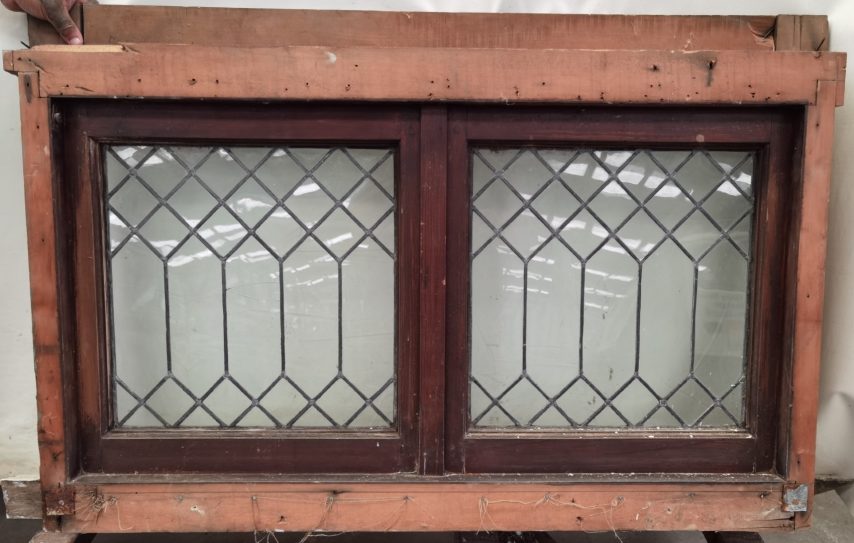 wooden fixed twin leadlight window