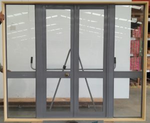 Grey aluminium French doors with sidelights