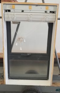 Denim blue double glazed aluminium awning window