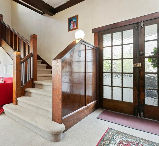 Wooden Bungalow Double 5 Light Entry Doors Hung in Frame